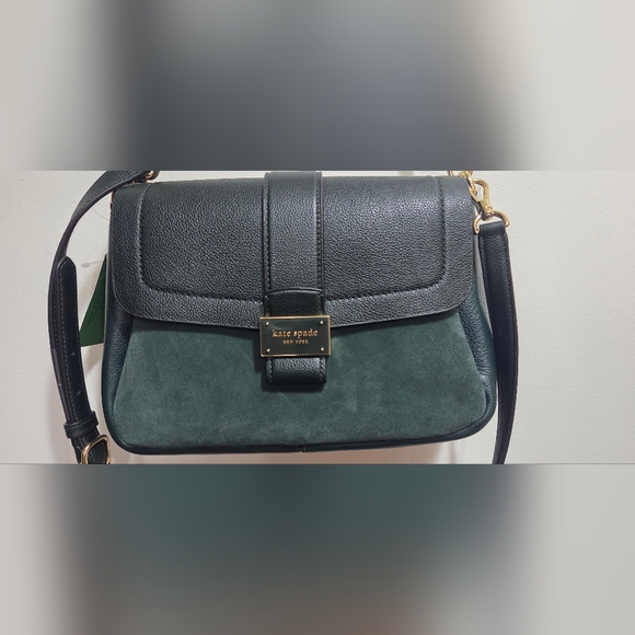 Kate Spade Black Pebbled Leather and Dark Green Suede Crossbody Bag - Picture 2 of 7